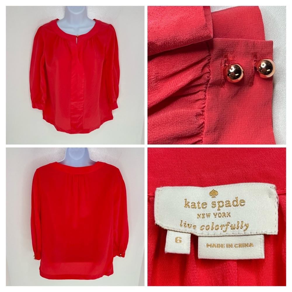 Kate Spade New York Silk Blouse Red Size 6 Gold Button Keyhole 3/4 Sleeve Office